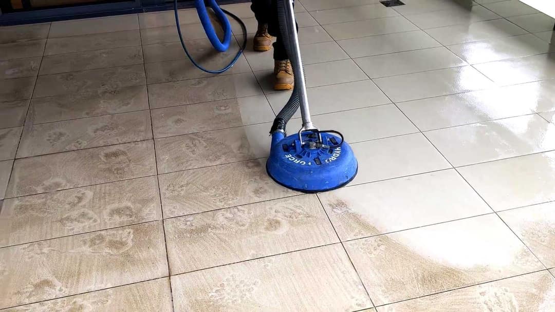 Tile and grout cleaning Swan Hill - floor half cleaned with a turbo tool